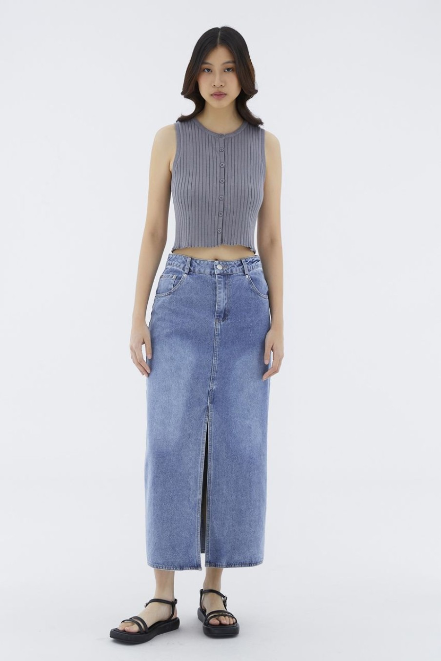 Women The Editor's Market Skirts | Noulette Denim Front Slit Skirt Washed Blue