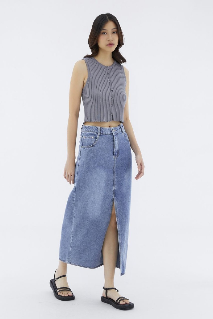 Women The Editor's Market Skirts | Noulette Denim Front Slit Skirt Washed Blue