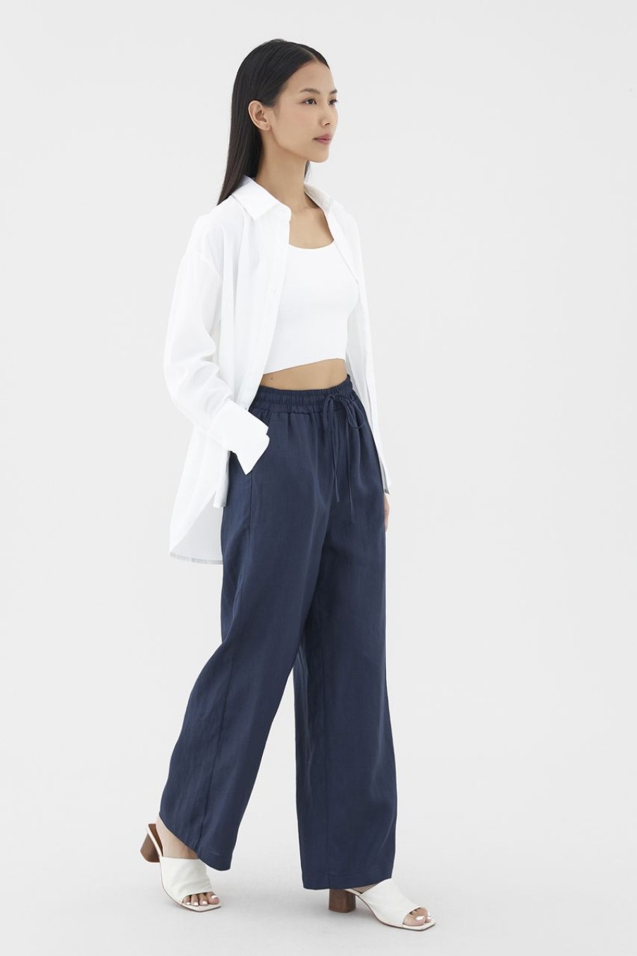 Women The Editor's Market Pants | Belena Linen Drawstring Pants Navy Blue