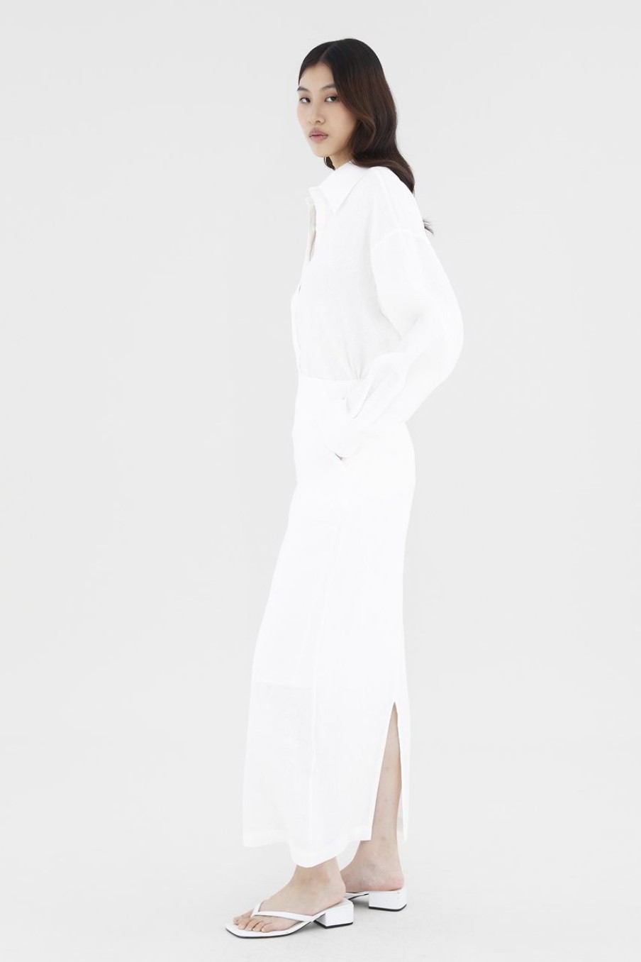 Women The Editor's Market Skirts | Jorene Linen Mid-Rise Straight Skirt White