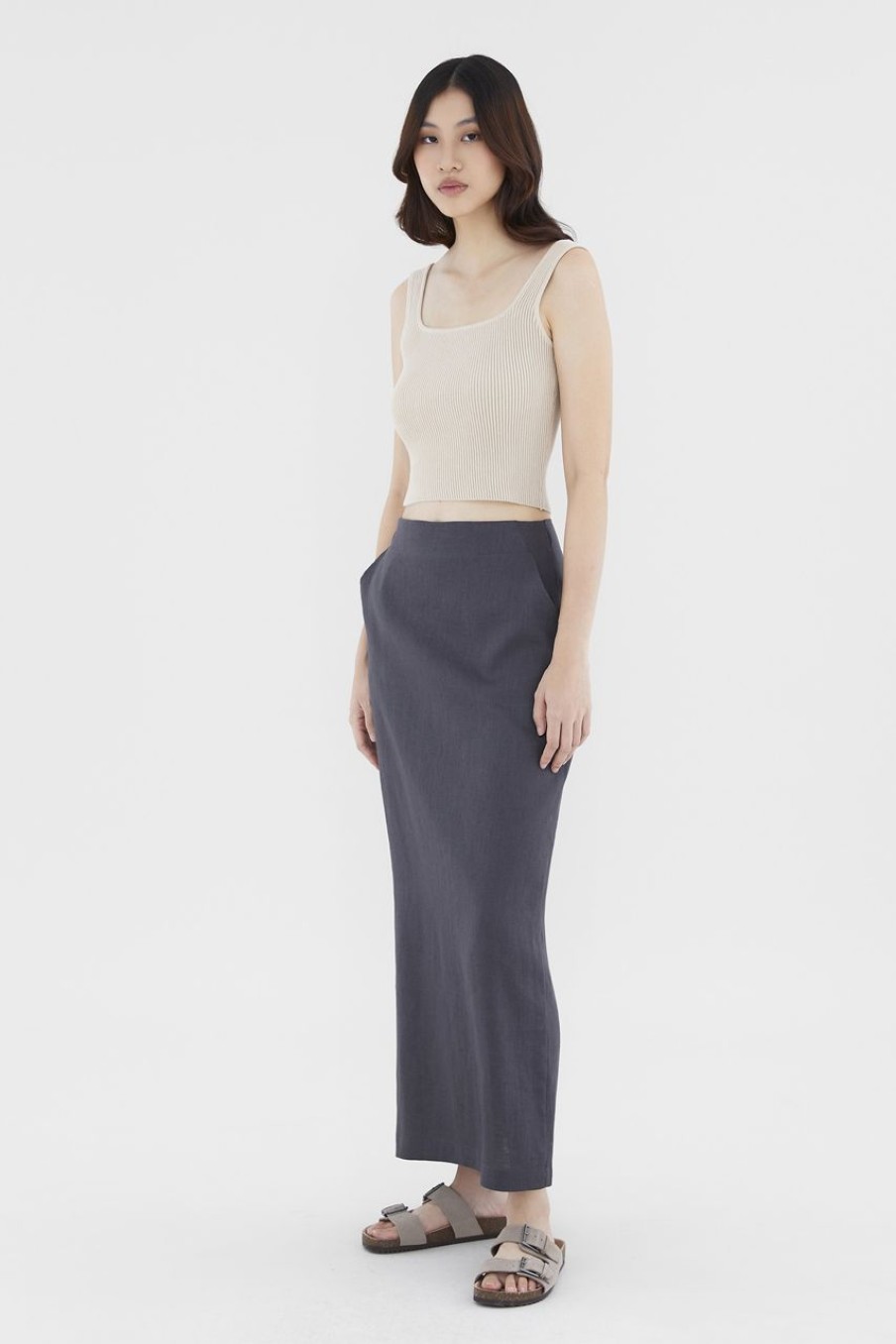 Women The Editor's Market Skirts | Jorene Linen Mid-Rise Straight Skirt Liquorice