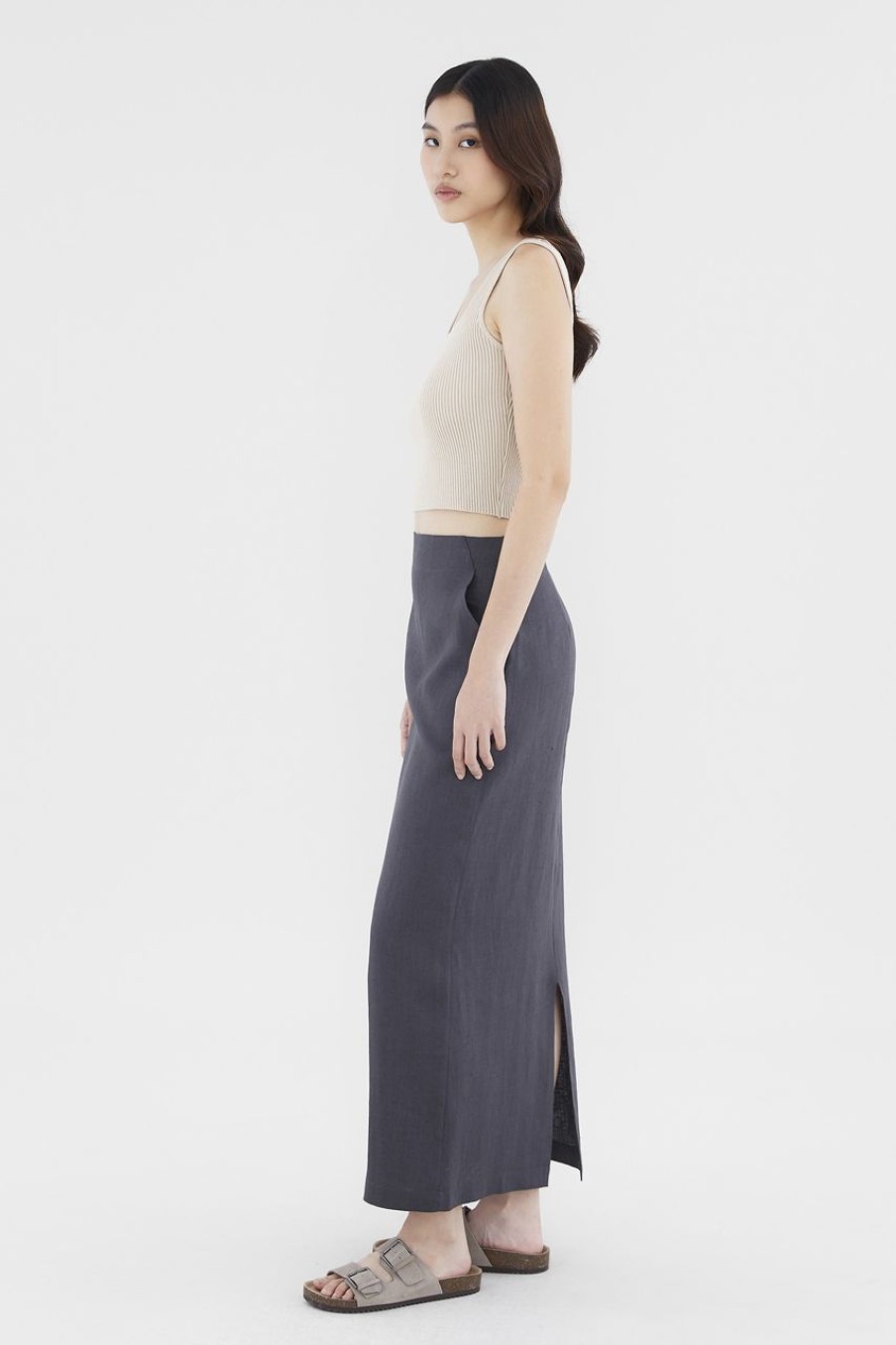 Women The Editor's Market Skirts | Jorene Linen Mid-Rise Straight Skirt Liquorice