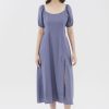 Women The Editor's Market Dresses | Logan Linen Puff-Sleeve Dress Heron