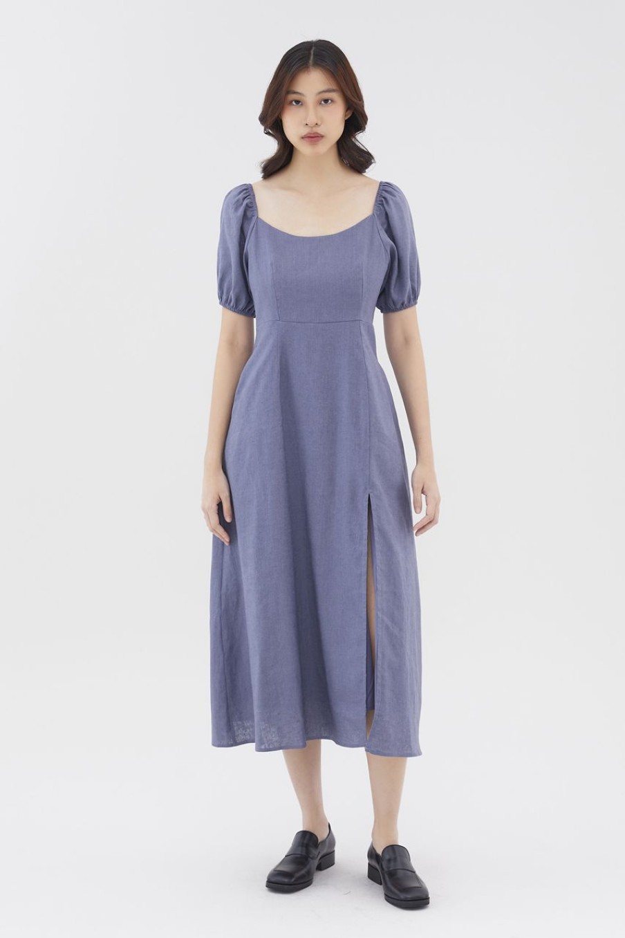 Women The Editor's Market Dresses | Logan Linen Puff-Sleeve Dress Heron