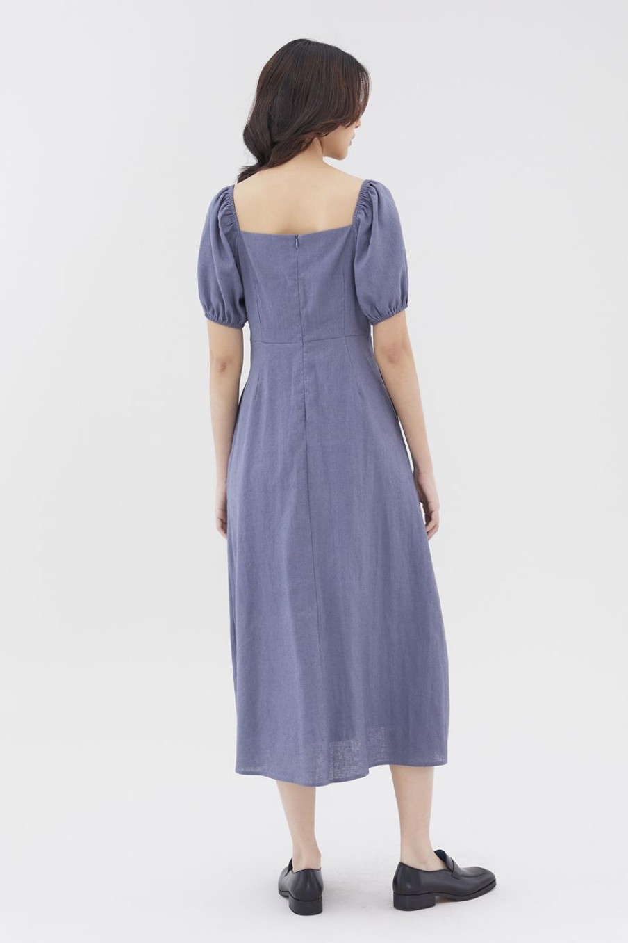 Women The Editor's Market Dresses | Logan Linen Puff-Sleeve Dress Heron