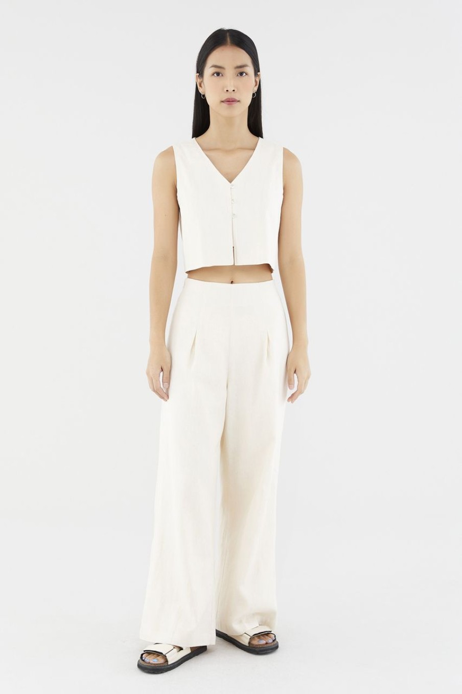 Women The Editor's Market Pants | Mabel Linen Mid-Rise Wide Leg Pants Champagne