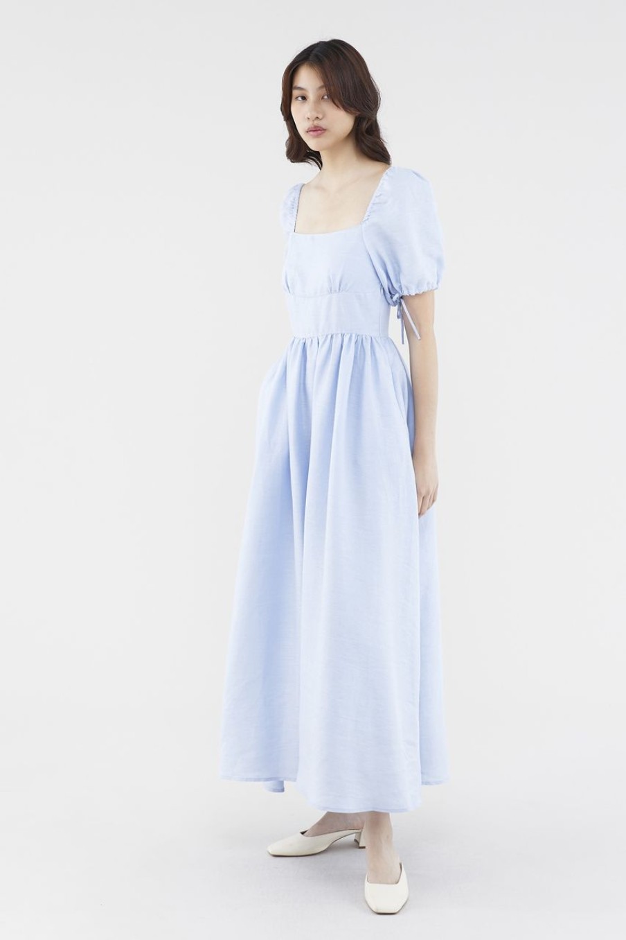 Women The Editor's Market Dresses | Kaelyn Linen Puff-Sleeve Dress Dusty Blue