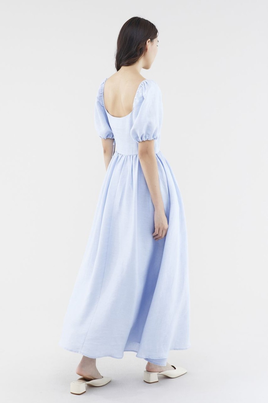 Women The Editor's Market Dresses | Kaelyn Linen Puff-Sleeve Dress Dusty Blue