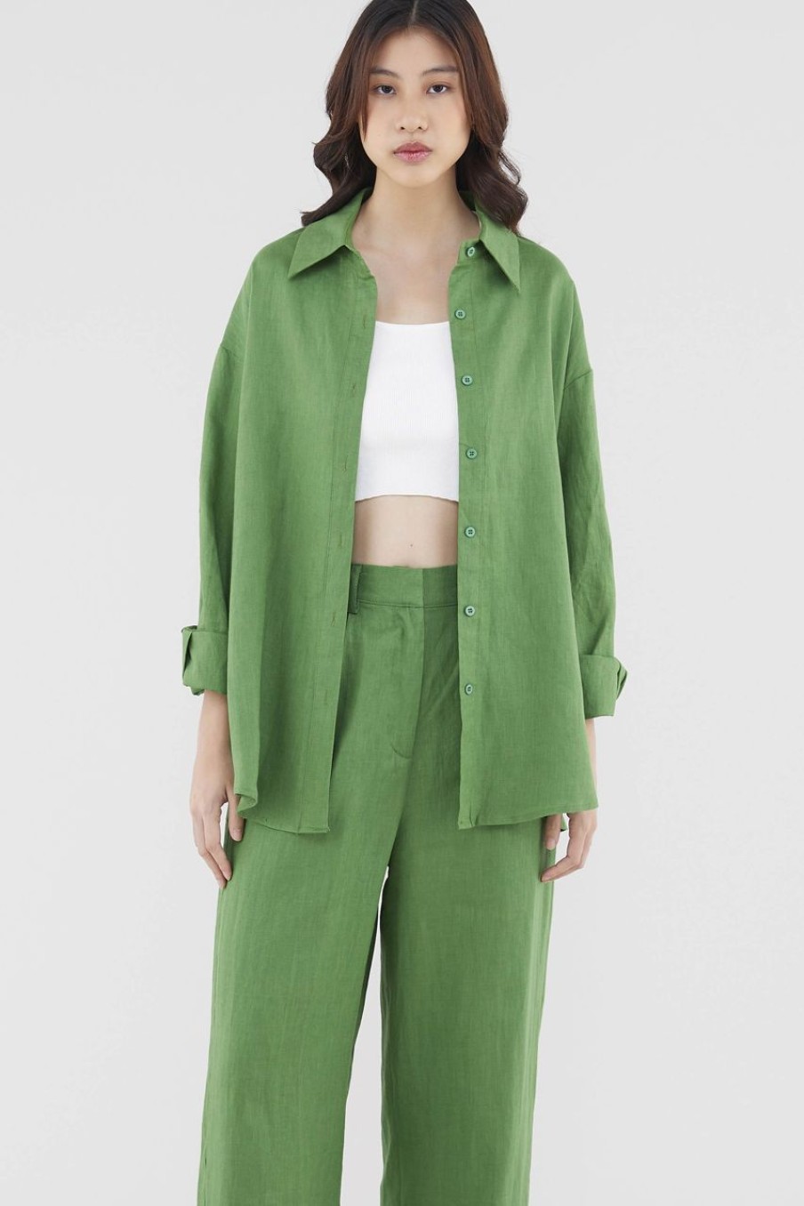 Women The Editor's Market Tops | Malitta Linen Oversized Shirt Matcha