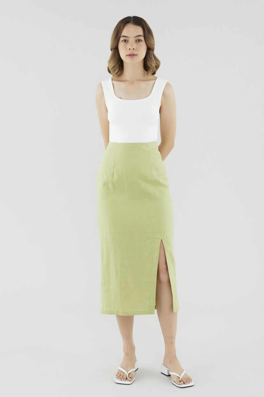 Women The Editor's Market Skirts | Elisia Linen Slip Skirt Lime Green