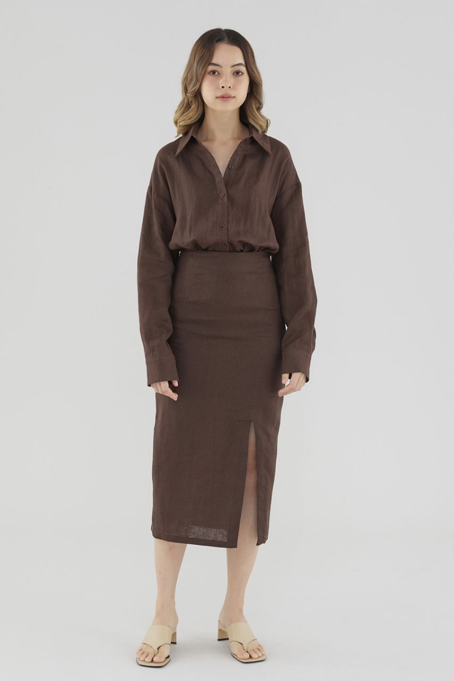 Women The Editor's Market Skirts | Elisia Linen Slip Skirt Coffee