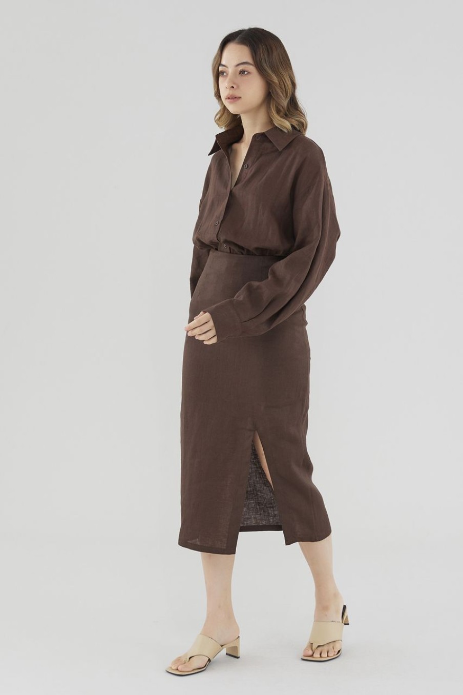 Women The Editor's Market Skirts | Elisia Linen Slip Skirt Coffee