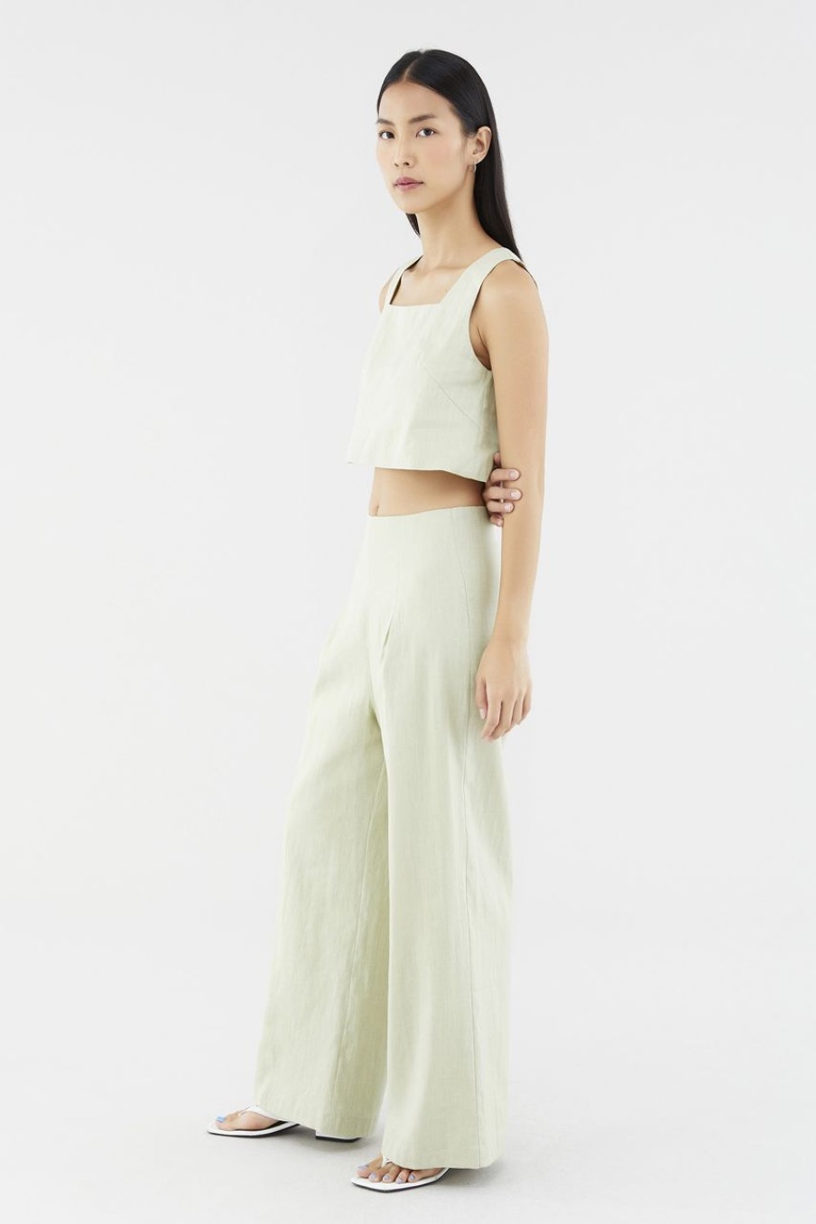 Women The Editor's Market Pants | Mabel Linen Mid-Rise Wide Leg Pants Pistachio