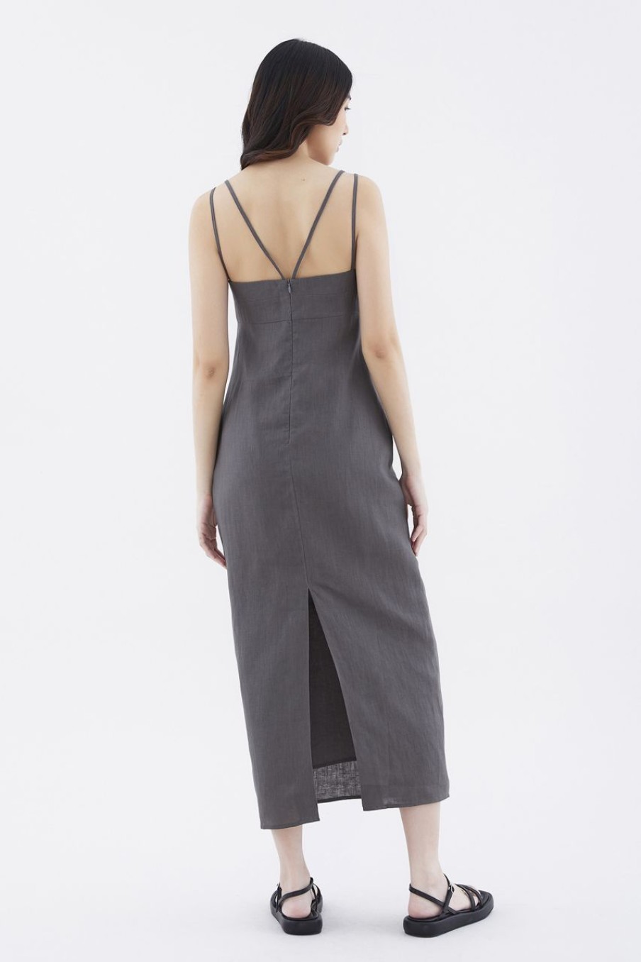 Women The Editor's Market Dresses | Erucia Linen Double-Strap Slit Dress Liquorice