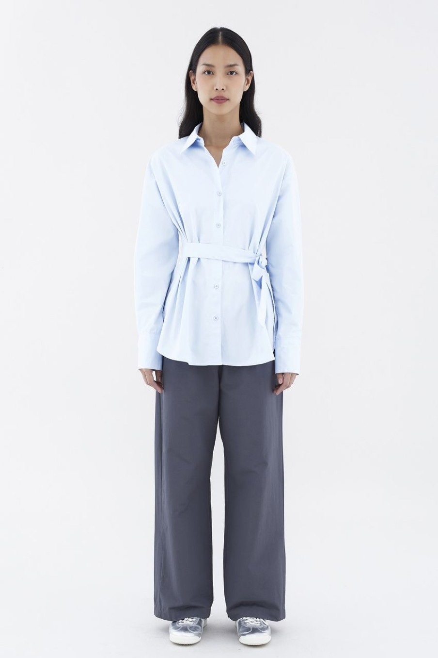 Women The Editor's Market Tops | Frankie Tie-Waist Relaxed Shirt Baby Blue