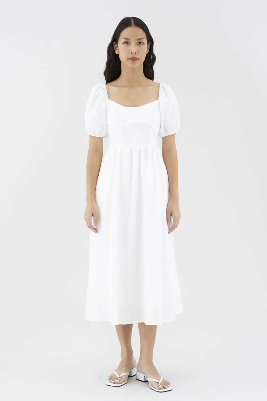 Women The Editor's Market Dresses | Emblair Linen Puff Sleeve Dress White