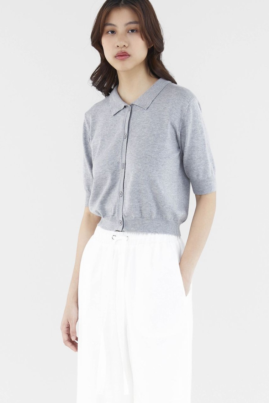 Women The Editor's Market Tops | Elsee Knit Polo Tee Heather Grey