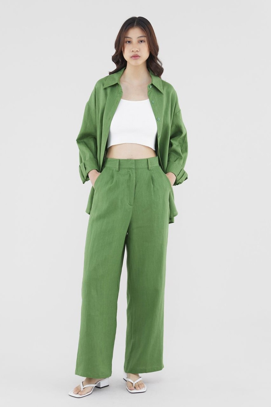 Women The Editor's Market Pants | Mildred Linen Wide-Leg Pants Matcha