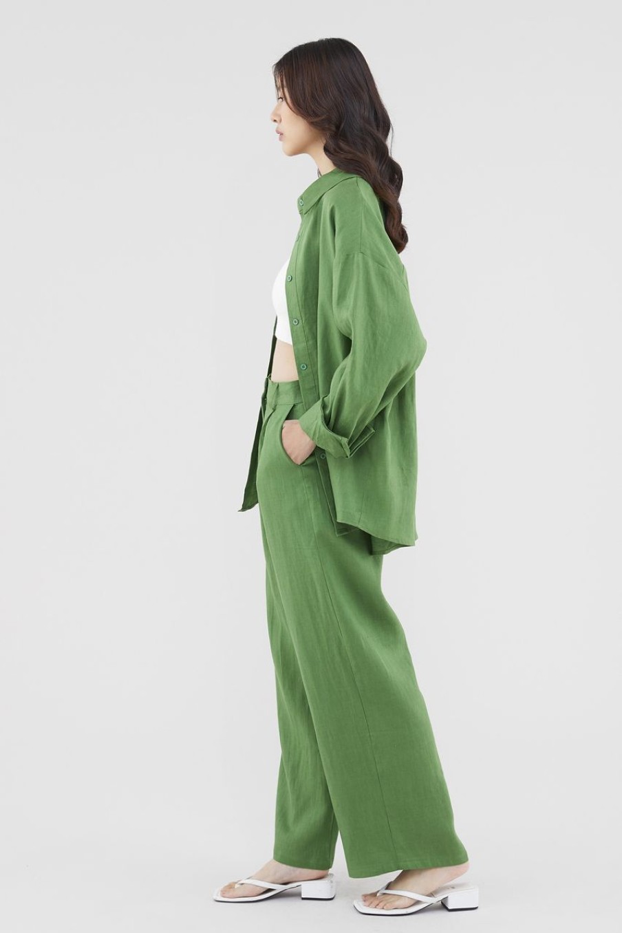 Women The Editor's Market Pants | Mildred Linen Wide-Leg Pants Matcha