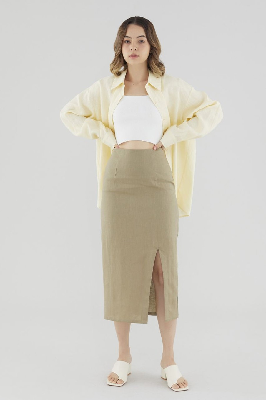 Women The Editor's Market Skirts | Elisia Linen Slip Skirt Khaki