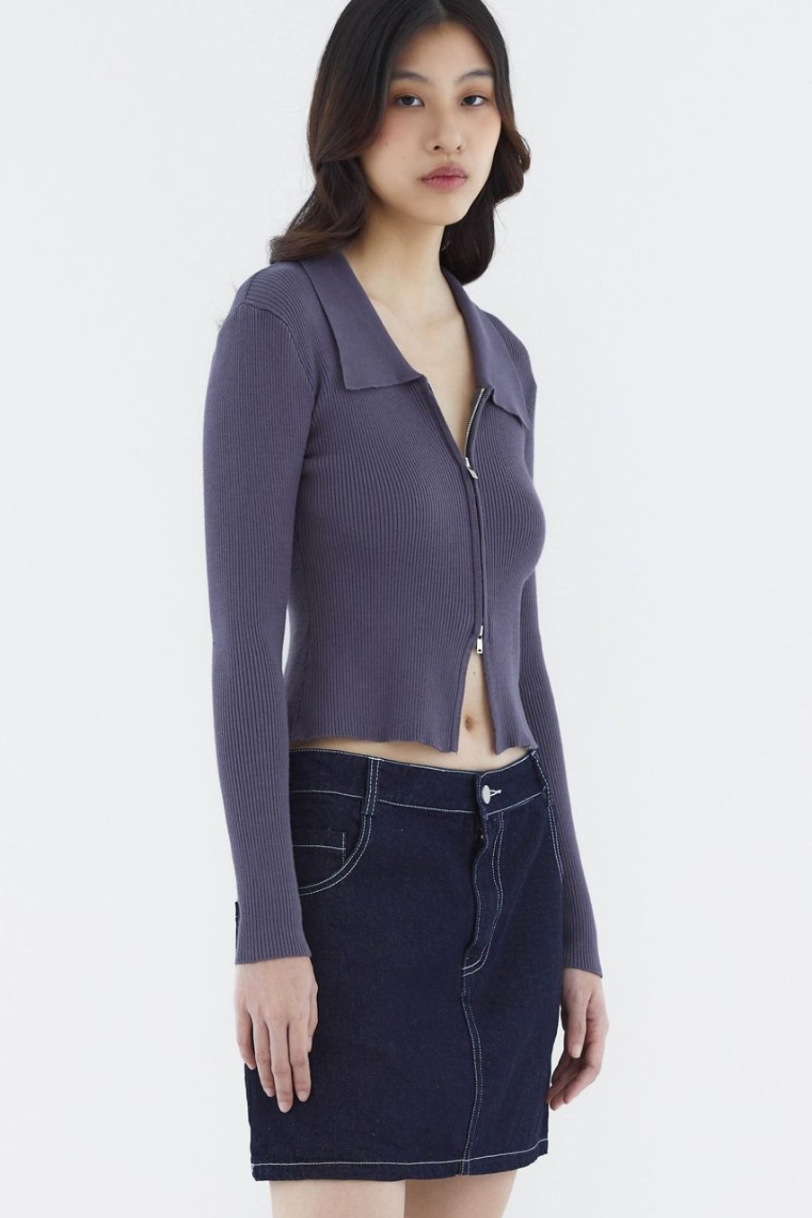 Women The Editor's Market Tops | Venanda Two-Way Zip Knit Top Charcoal