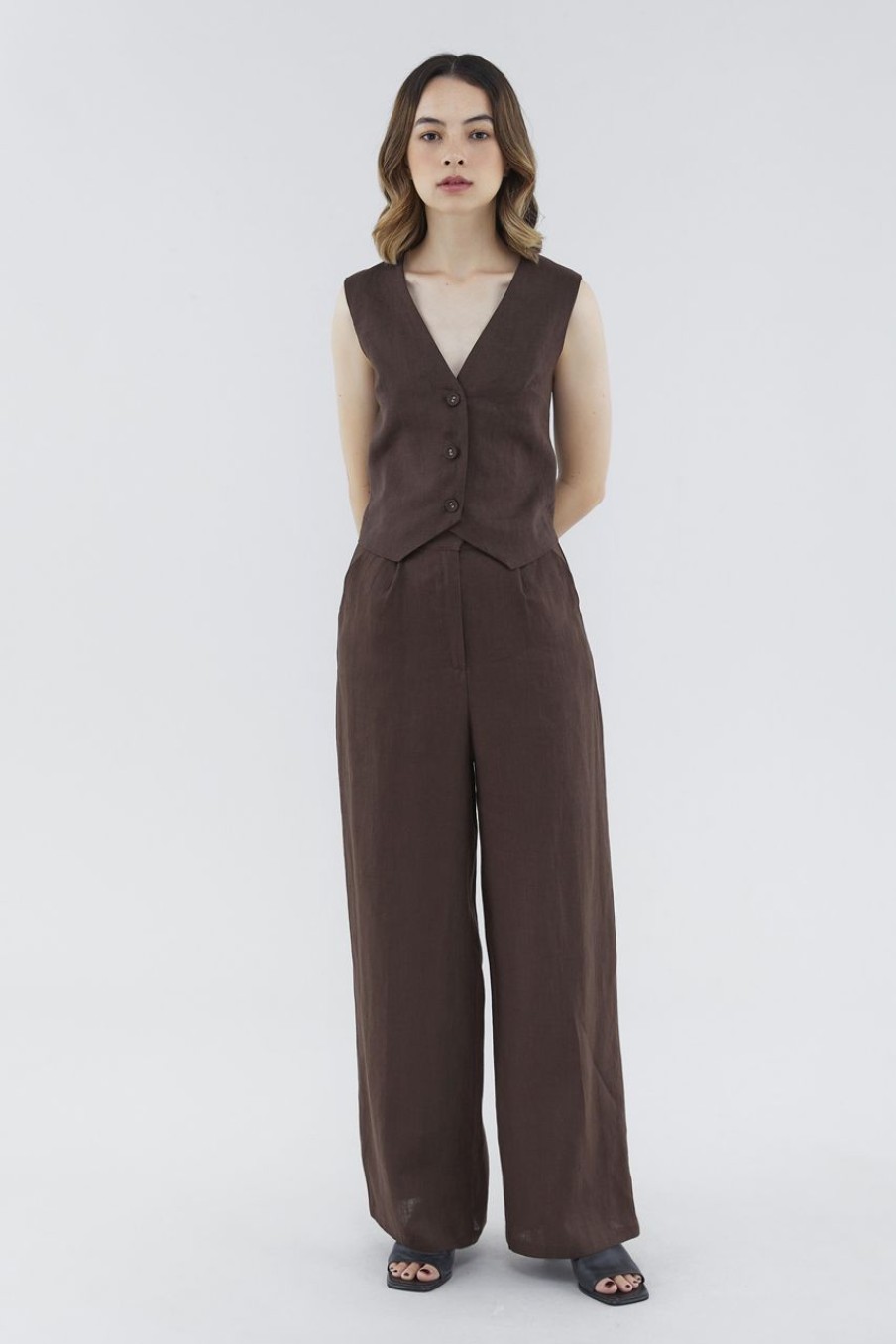 Women The Editor's Market Pants | Mildred Linen Wide-Leg Pants Coffee