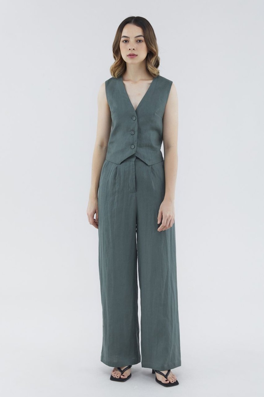 Women The Editor's Market Pants | Mildred Linen Wide-Leg Pants Ash Green