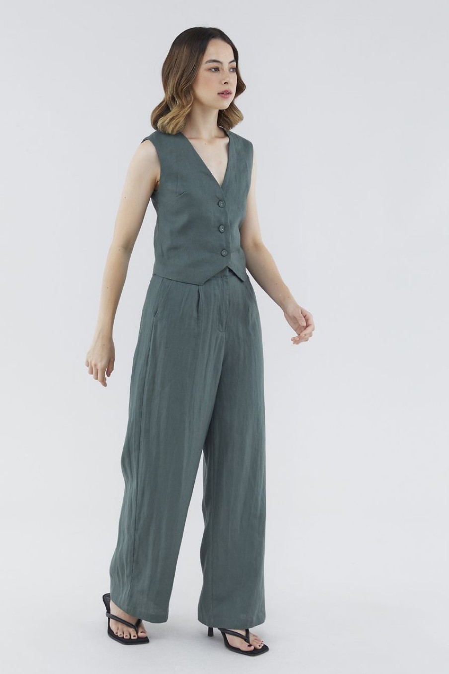 Women The Editor's Market Pants | Mildred Linen Wide-Leg Pants Ash Green