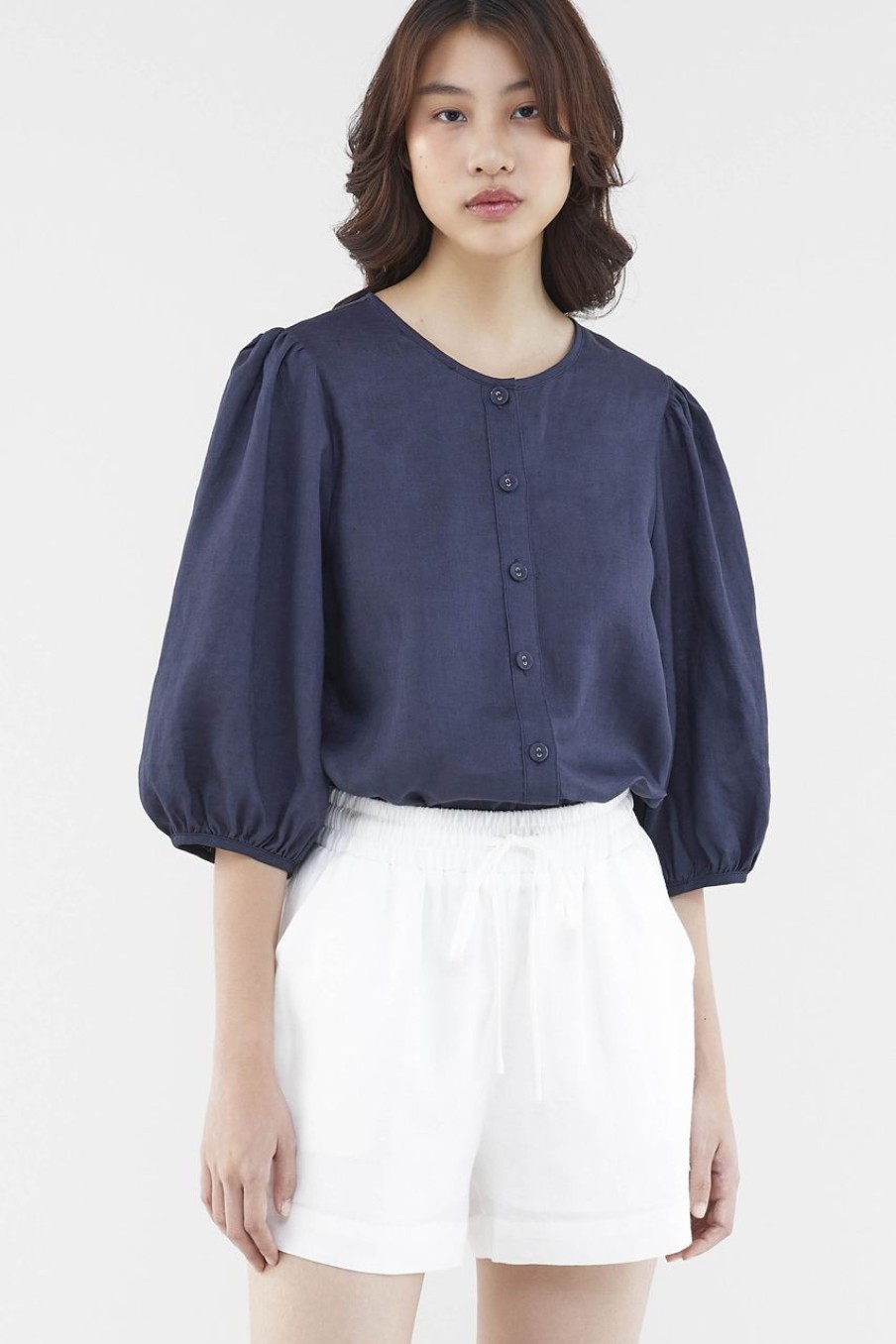 Women The Editor's Market Tops | Tessa Linen Button-Down Blouse Eclipse