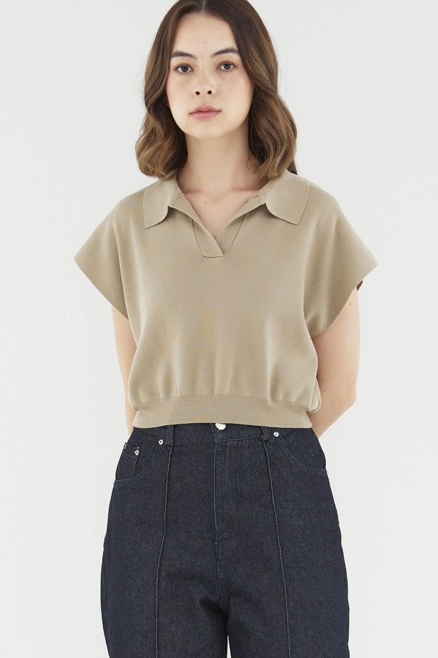 Women The Editor's Market Tops | Emely Collared Knit Top Taupe