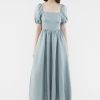 Women The Editor's Market Dresses | Kaelyn Linen Puff-Sleeve Dress Pine Green