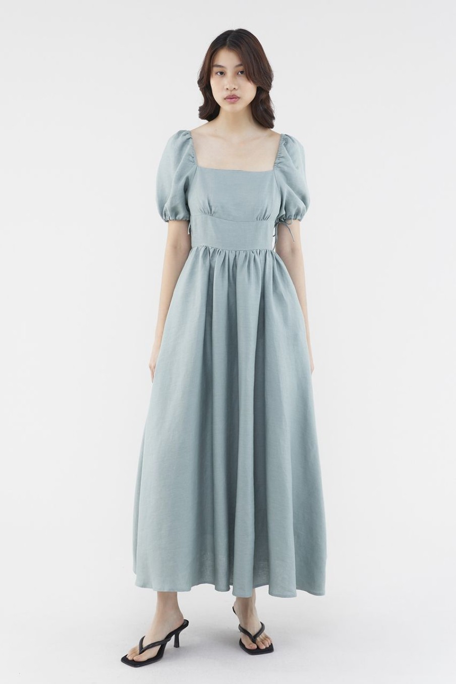 Women The Editor's Market Dresses | Kaelyn Linen Puff-Sleeve Dress Pine Green