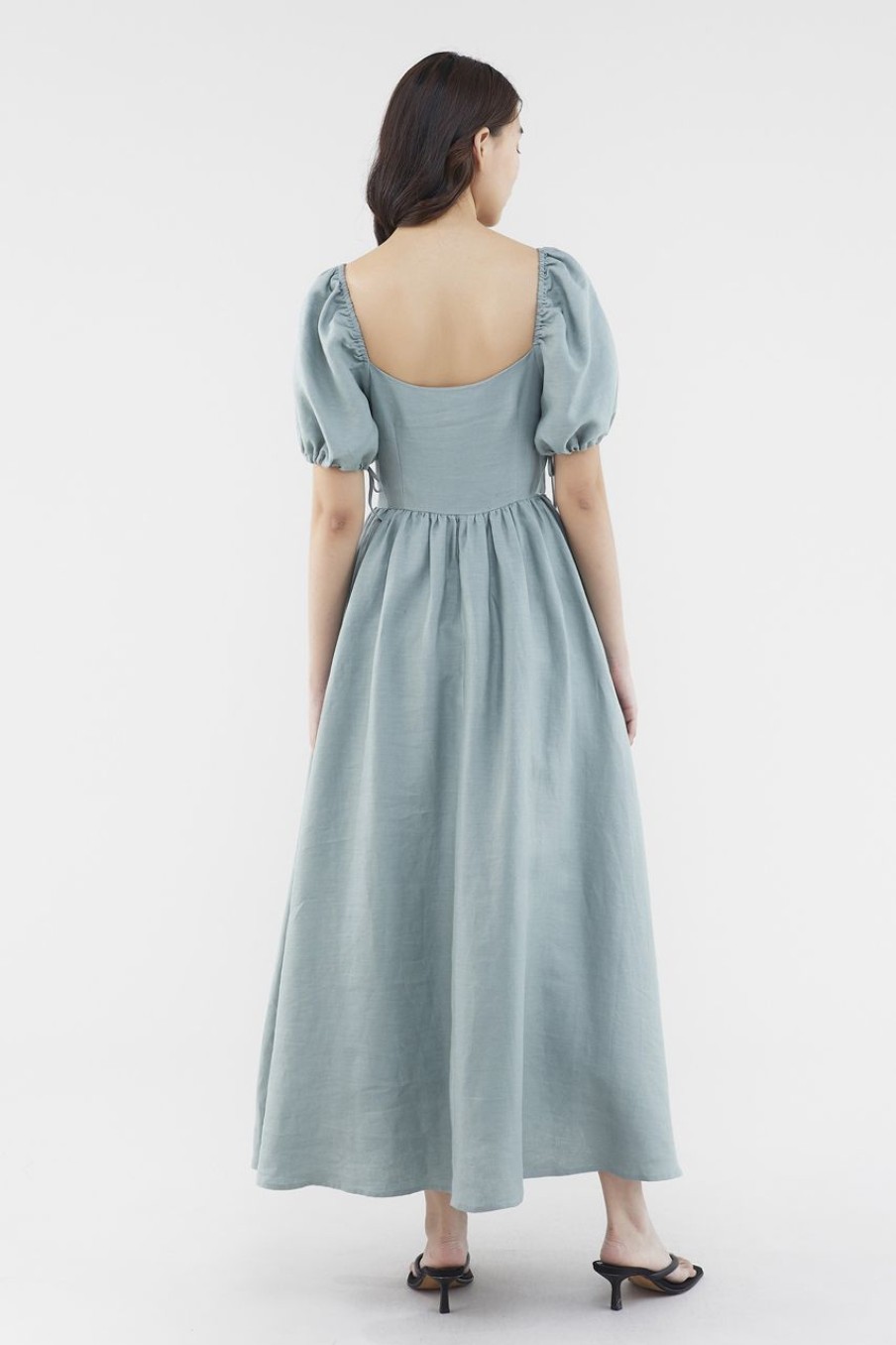 Women The Editor's Market Dresses | Kaelyn Linen Puff-Sleeve Dress Pine Green