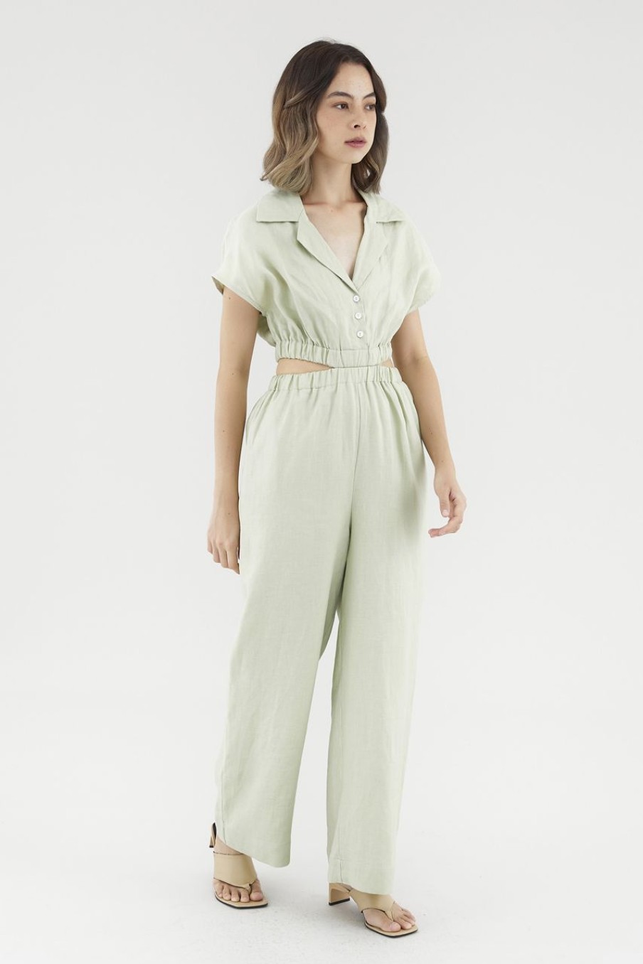 Women The Editor's Market Jumpsuits | Cataleya Linen Cut-Out Jumpsuit Pistachio