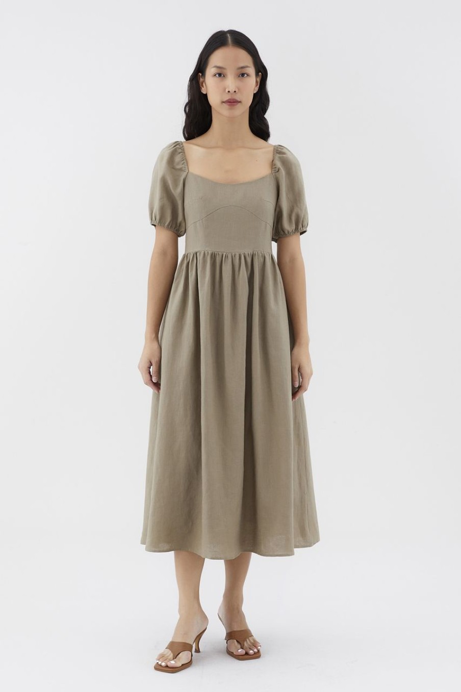 Women The Editor's Market Dresses | Emblair Linen Puff Sleeve Dress Nutmeg