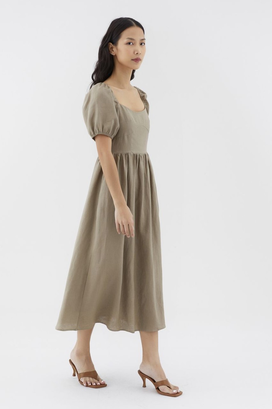 Women The Editor's Market Dresses | Emblair Linen Puff Sleeve Dress Nutmeg