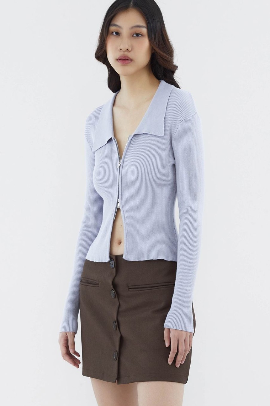 Women The Editor's Market Tops | Venanda Two-Way Zip Knit Top Aluminium