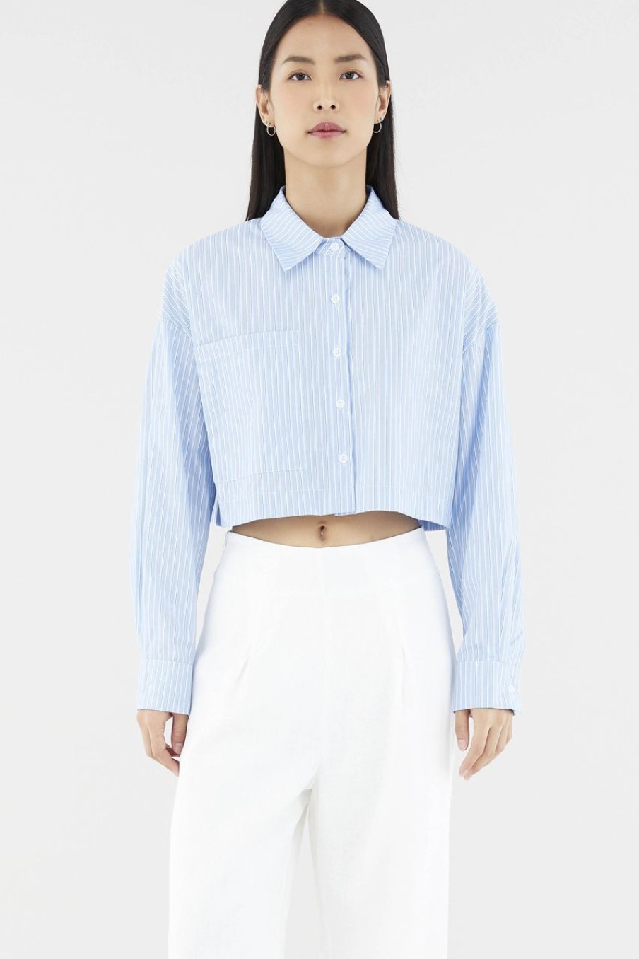 Women The Editor's Market Tops | Casavie Crop Shirt Light Blue/White Stripes