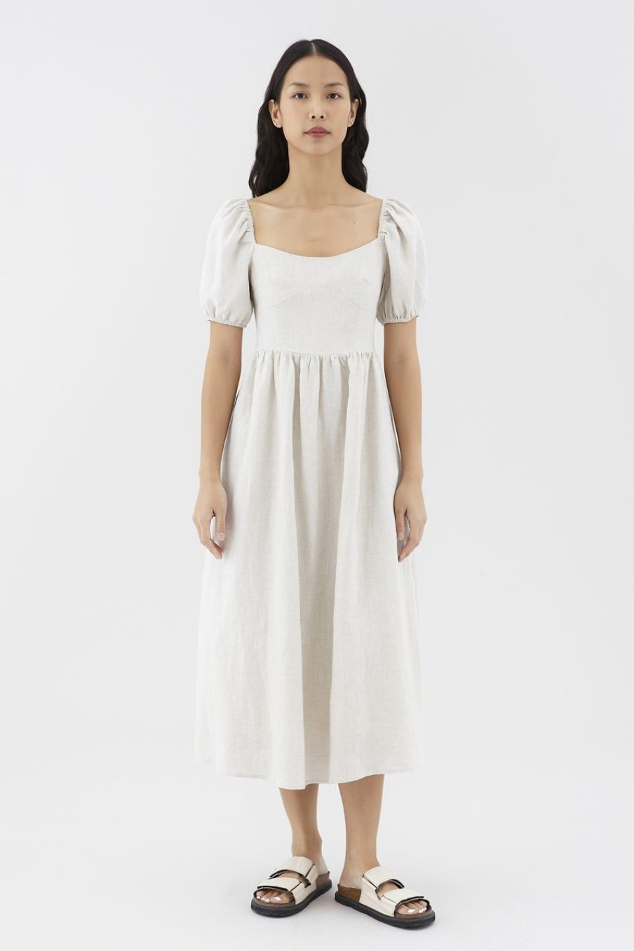 Women The Editor's Market Dresses | Emblair Linen Puff Sleeve Dress Sand