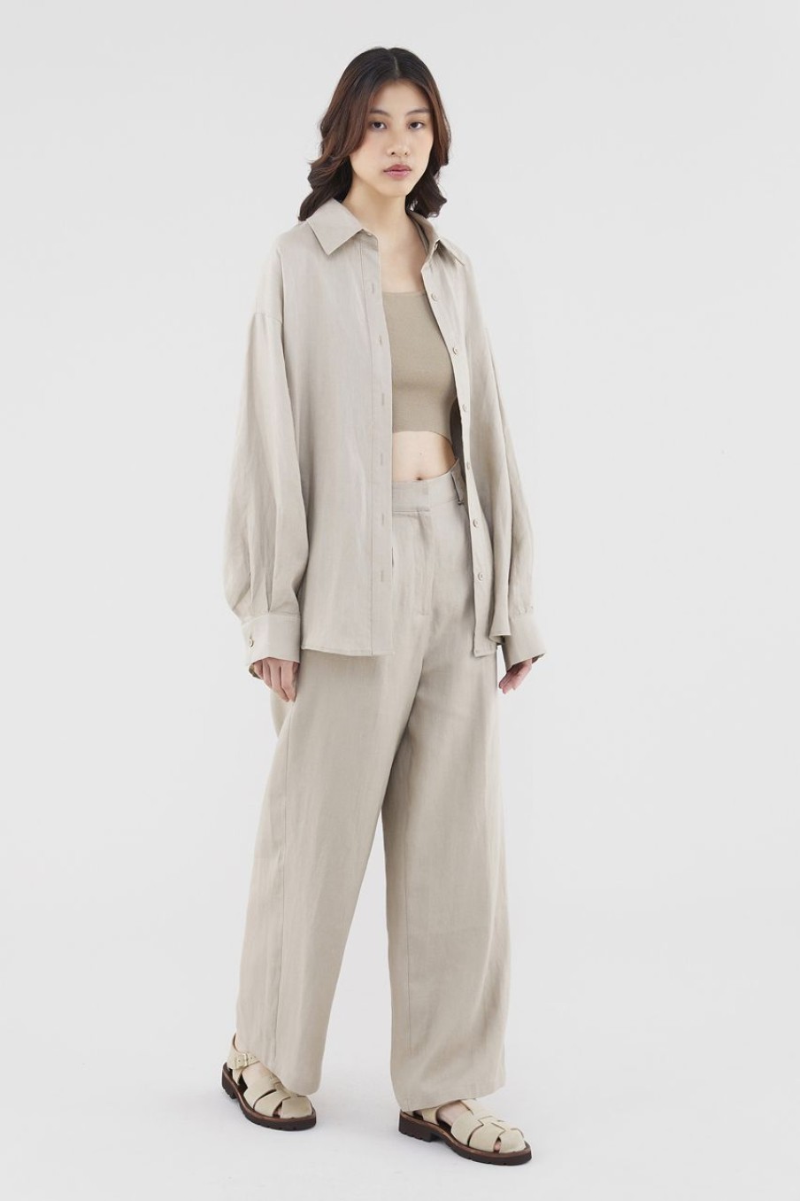 Women The Editor's Market Tops | Malitta Linen Oversized Shirt Taupe