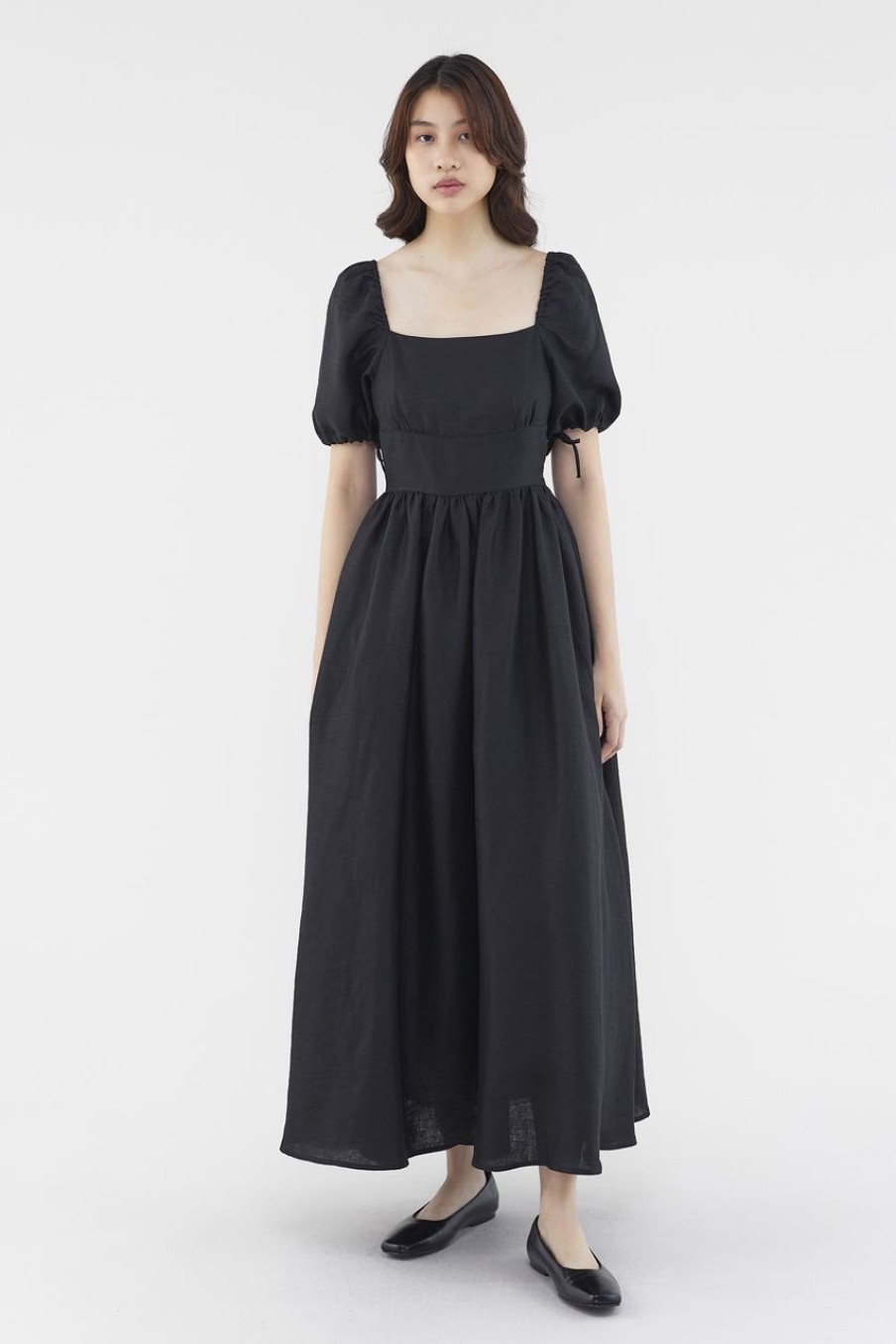 Women The Editor's Market Dresses | Kaelyn Linen Puff-Sleeve Dress Black