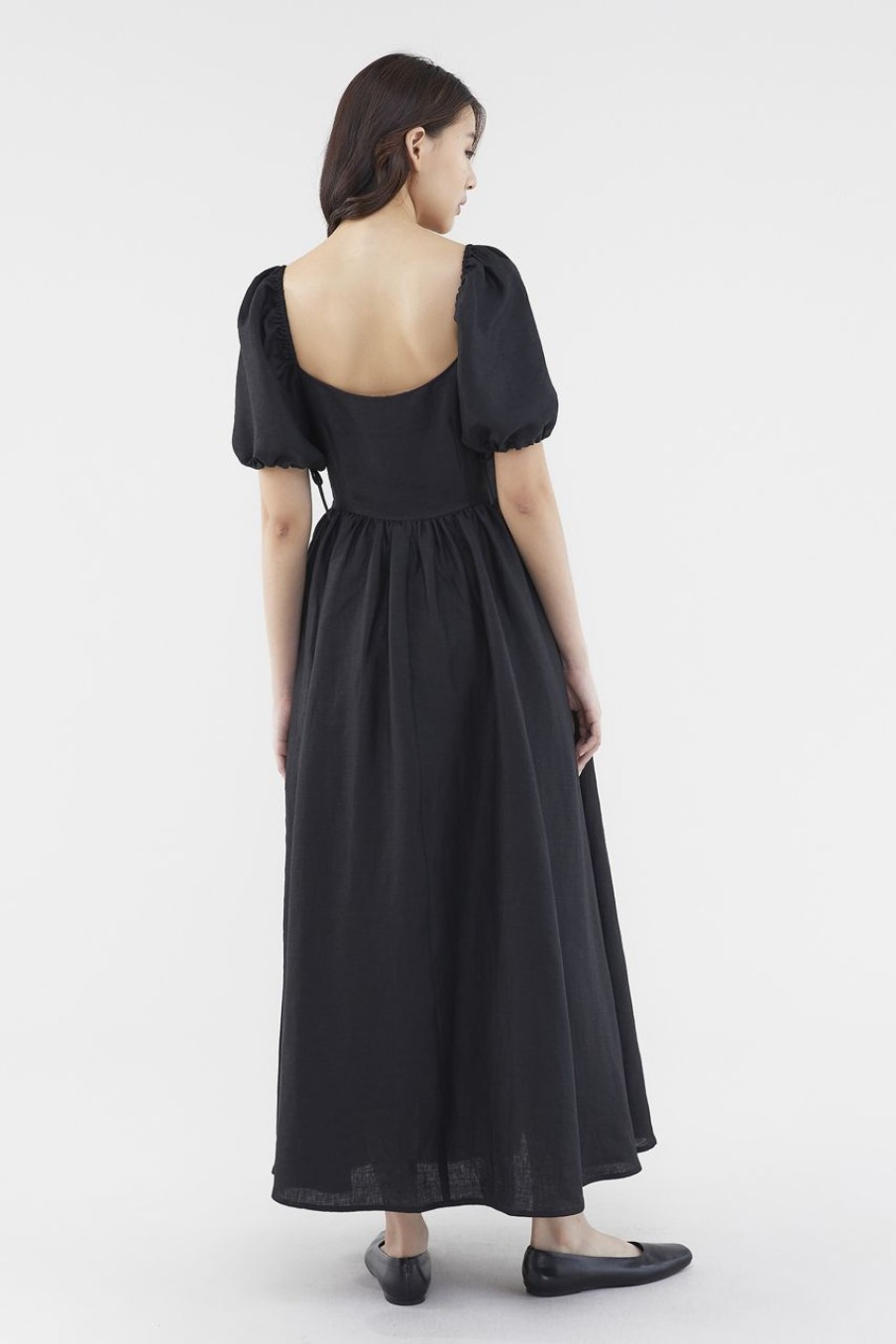 Women The Editor's Market Dresses | Kaelyn Linen Puff-Sleeve Dress Black