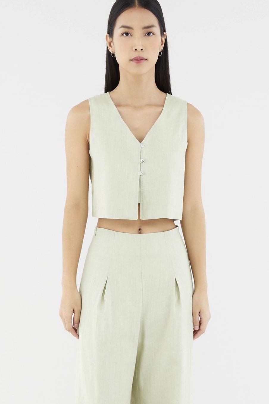 Women The Editor's Market Tops | Evada Linen Button Down Top Pistachio