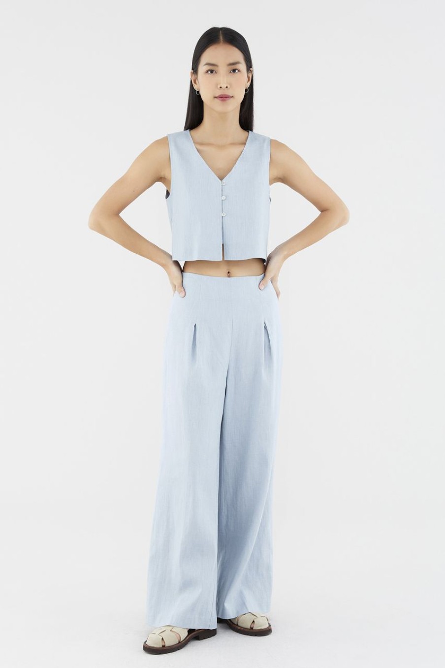 Women The Editor's Market Pants | Mabel Linen Mid-Rise Wide Leg Pants Dusty Blue