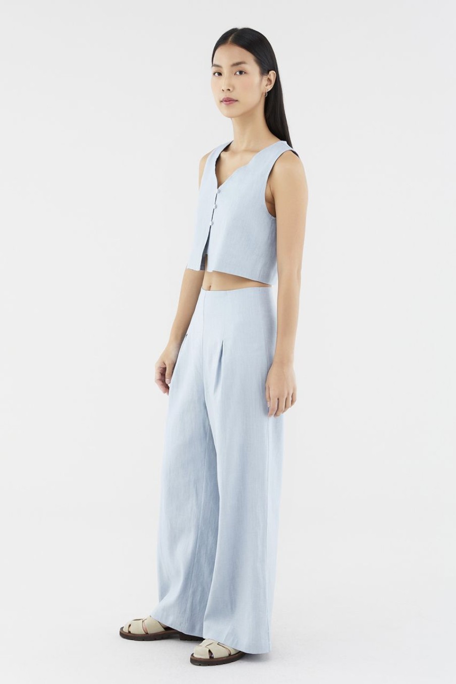 Women The Editor's Market Pants | Mabel Linen Mid-Rise Wide Leg Pants Dusty Blue