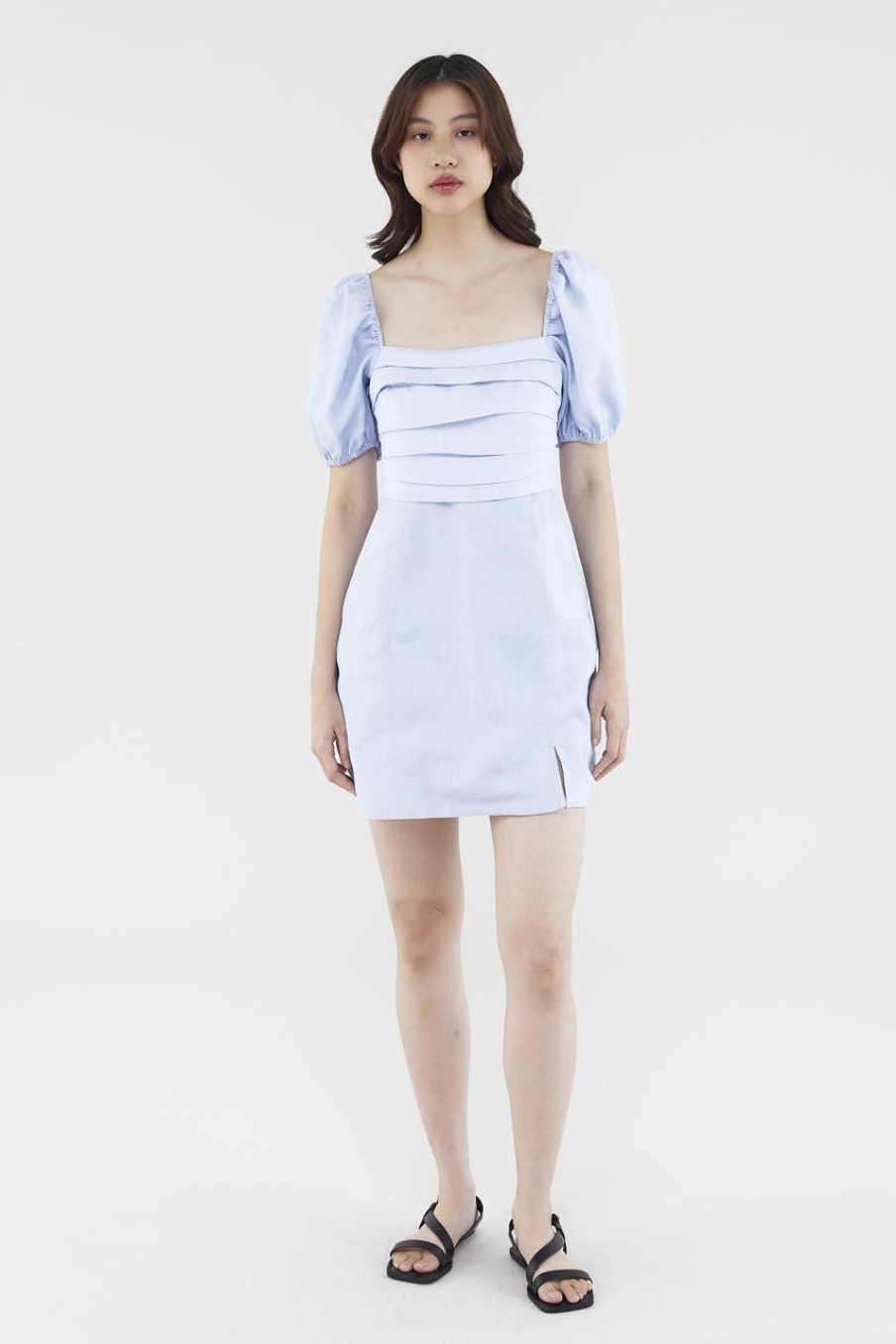 Women The Editor's Market Dresses | Blake Linen Pleat-Front Dress Dusty Blue