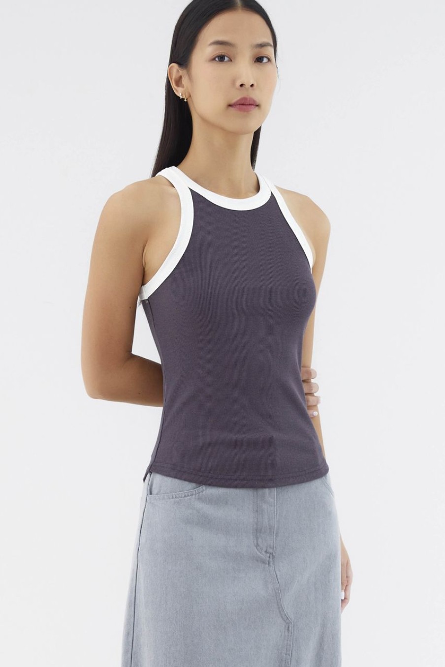 Women The Editor's Market Tops | Valen Racer Tank Charcoal/Ivory