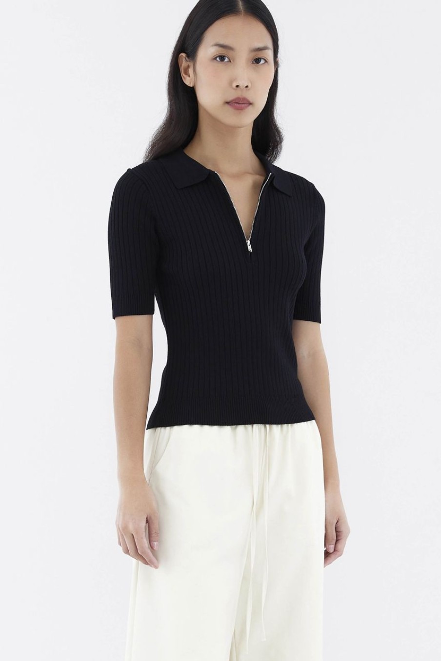 Women The Editor's Market Tops | Nodelyn Polo Knit Top Black