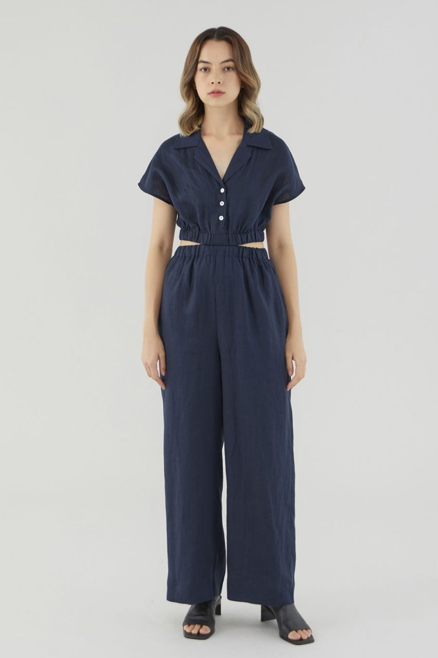 Women The Editor's Market Jumpsuits | Cataleya Linen Cut-Out Jumpsuit Navy Blue