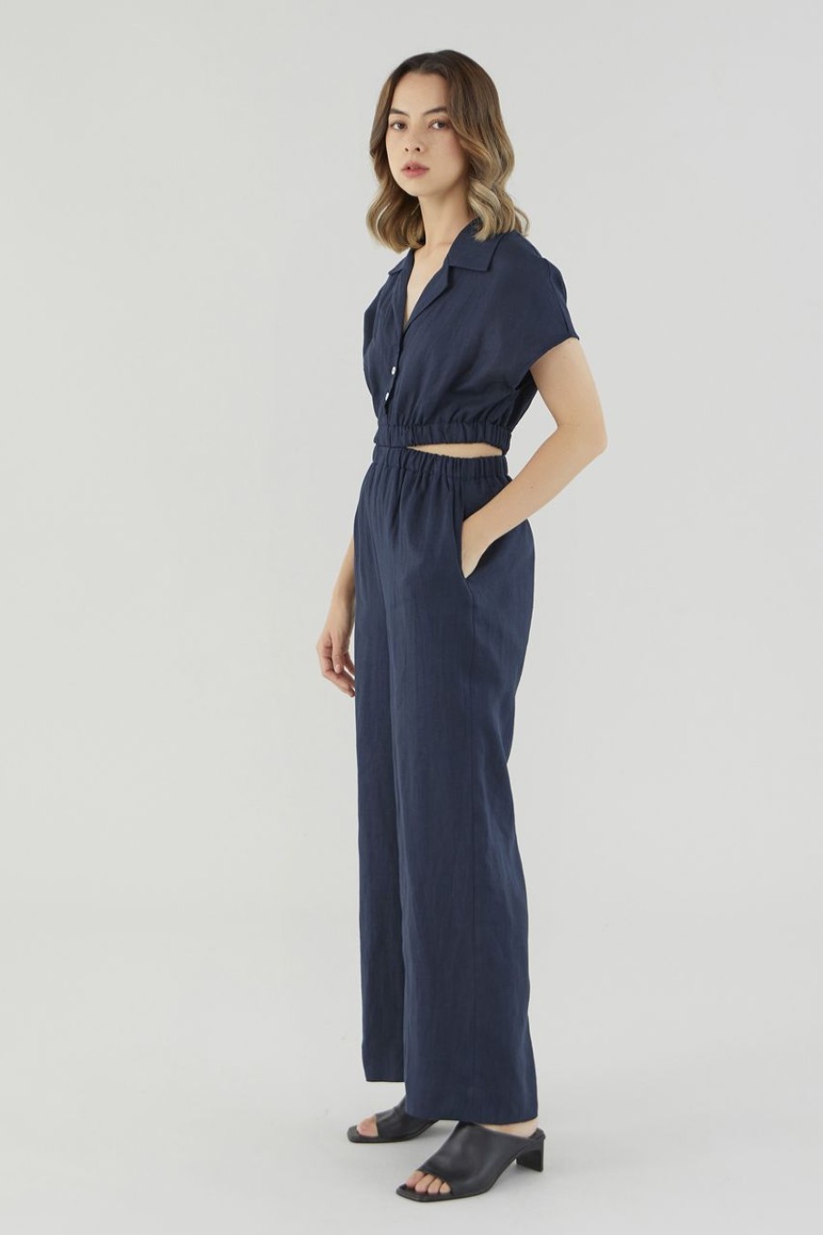 Women The Editor's Market Jumpsuits | Cataleya Linen Cut-Out Jumpsuit Navy Blue